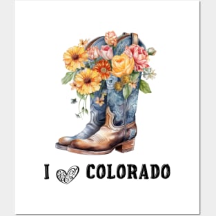 I Love Colorado Boho Cowboy Boots with Flowers Watercolor Art Posters and Art